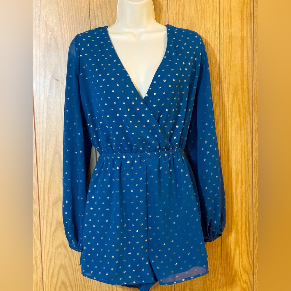 NWOT Show Me Your MuMu romper,sheer midnight blue with gold dots,lined,size S